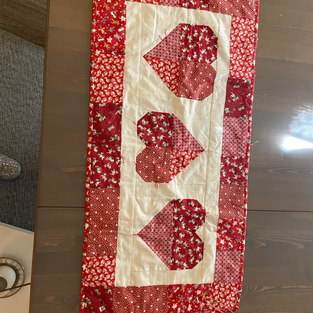 Vintage Red and White Heart Table Runner or Quilted fabric